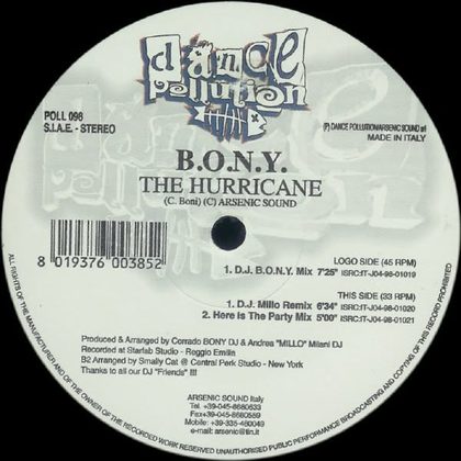 Etichetta del vinile B.O.N.Y. The Hurricane, Dance Pollution 1998.
